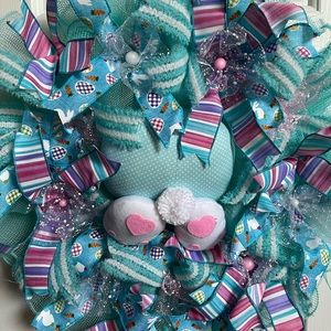 Happy Easter Bunny Butt 24” 24 In Spring Door Wreath Aqua Blue Fireplace Decor